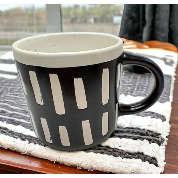 VTG MCM Cream Speckled Stoneware Mug Black Striped Glaze 14oz C Handle - Picture 1 of 8